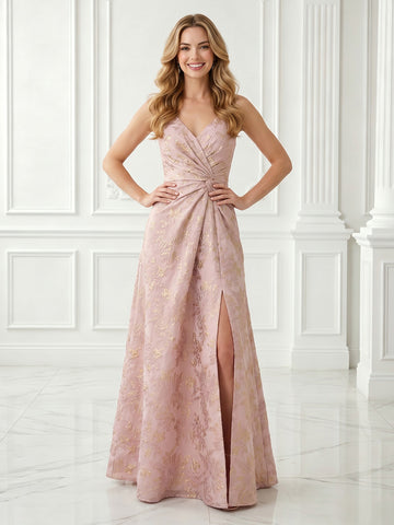 A Line Satin V Neck Sleeveless Jacquard Long Evening Dresses with Slit