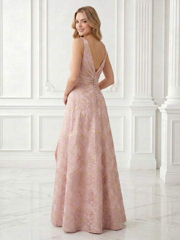 A Line Satin V Neck Sleeveless Jacquard Long Evening Dresses with Slit