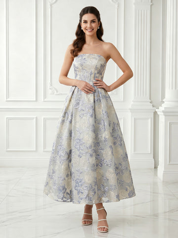 A Line Jacquard Strapless Satin Sleeveless Long Evening Dresses
