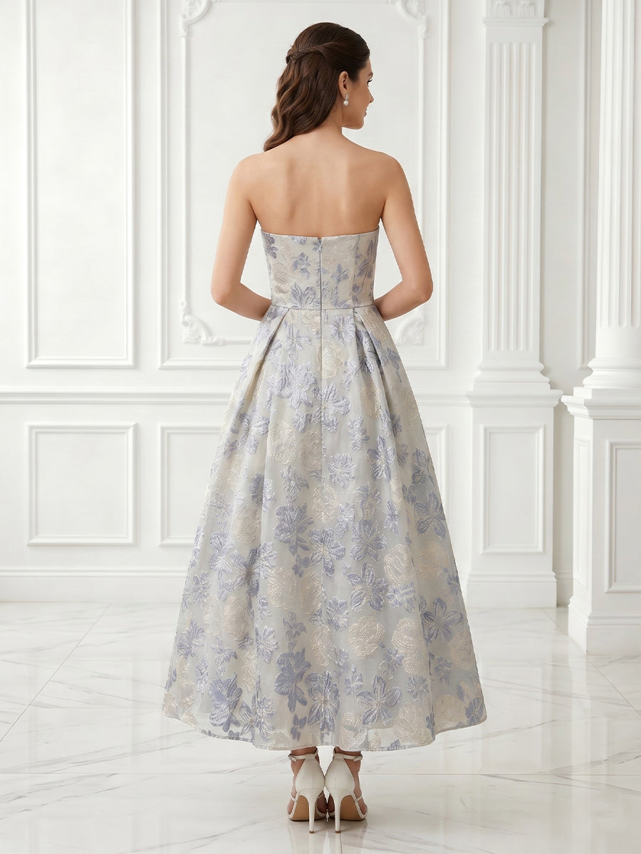 A Line Jacquard Strapless Satin Sleeveless Long Evening Dresses