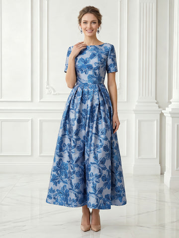 Satin A Line Boat Neck Jacquard Short Sleeves Long Evening Dresses