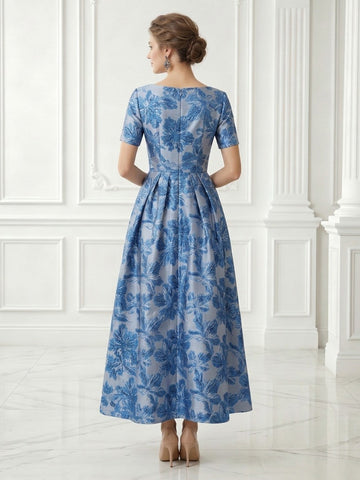 Satin A Line Boat Neck Jacquard Short Sleeves Long Evening Dresses