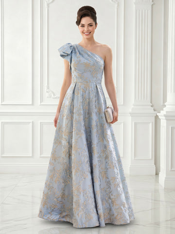 One Shoulder Satin A Line Sleeveless Jacquard Long Evening Dresses
