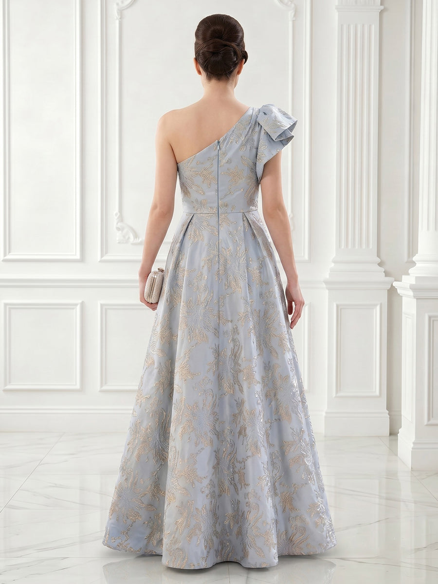 One Shoulder Satin A Line Sleeveless Jacquard Long Evening Dresses
