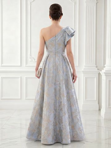 One Shoulder Satin A Line Sleeveless Jacquard Long Evening Dresses