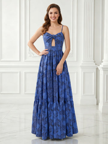 A Line Spaghetti Straps Sleeveless Satin Jacquard Evening Dresses