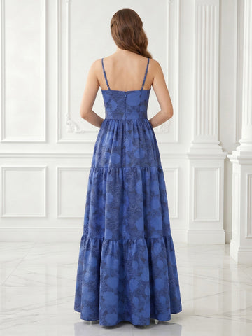 A Line Spaghetti Straps Sleeveless Satin Jacquard Evening Dresses