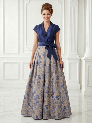 A Line Satin Jacket Short Sleeves Jacquard Long Evening Dresses