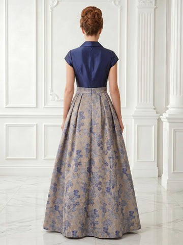 A Line Satin Jacket Short Sleeves Jacquard Long Evening Dresses