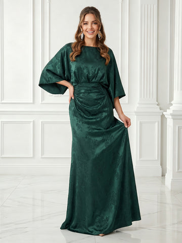 A Line Jacquard Boat Neck Satin 3/4 Sleeves Long Evening Dresses