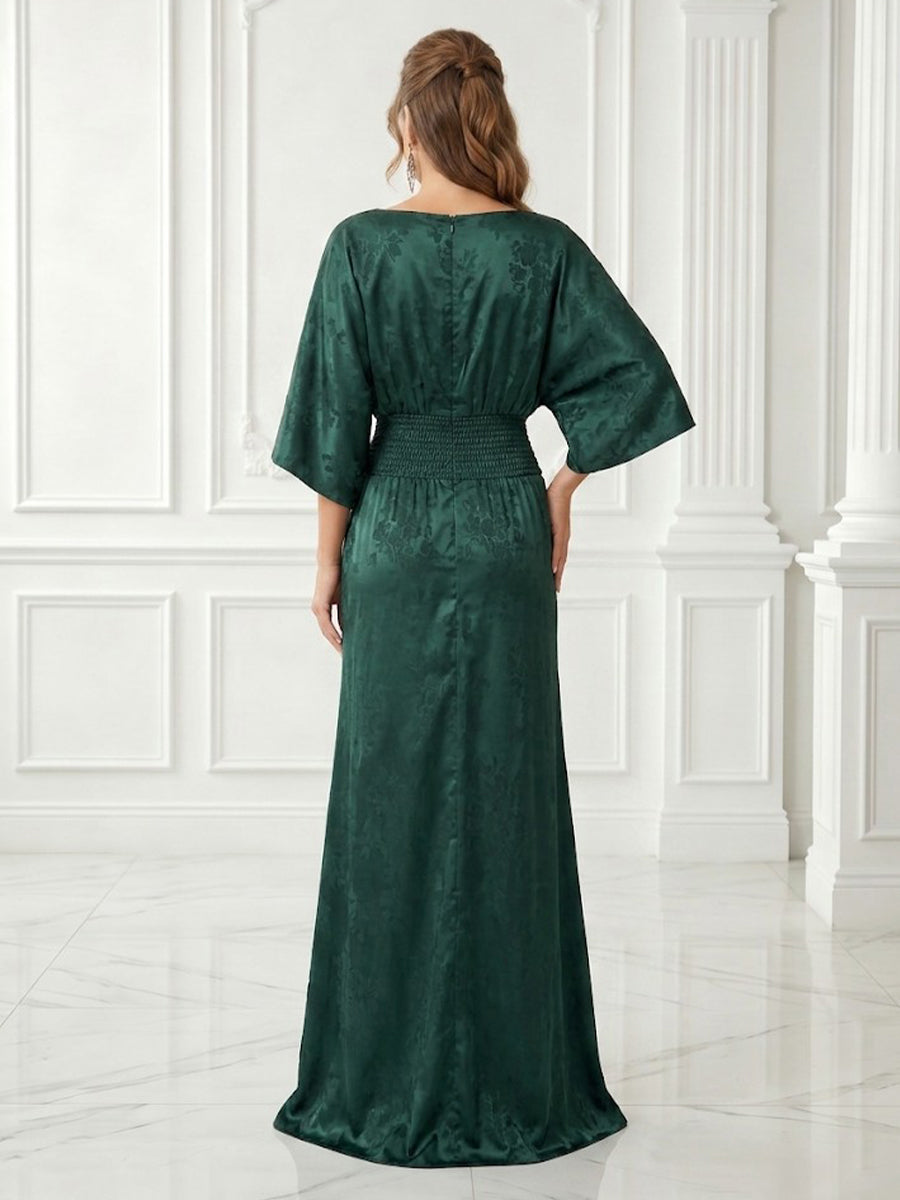 A Line Jacquard Boat Neck Satin 3/4 Sleeves Long Evening Dresses