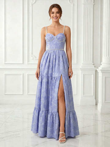 Spaghetti Straps Satin A Line Sleeveless Jacquard Long Evening Dresses with Slit