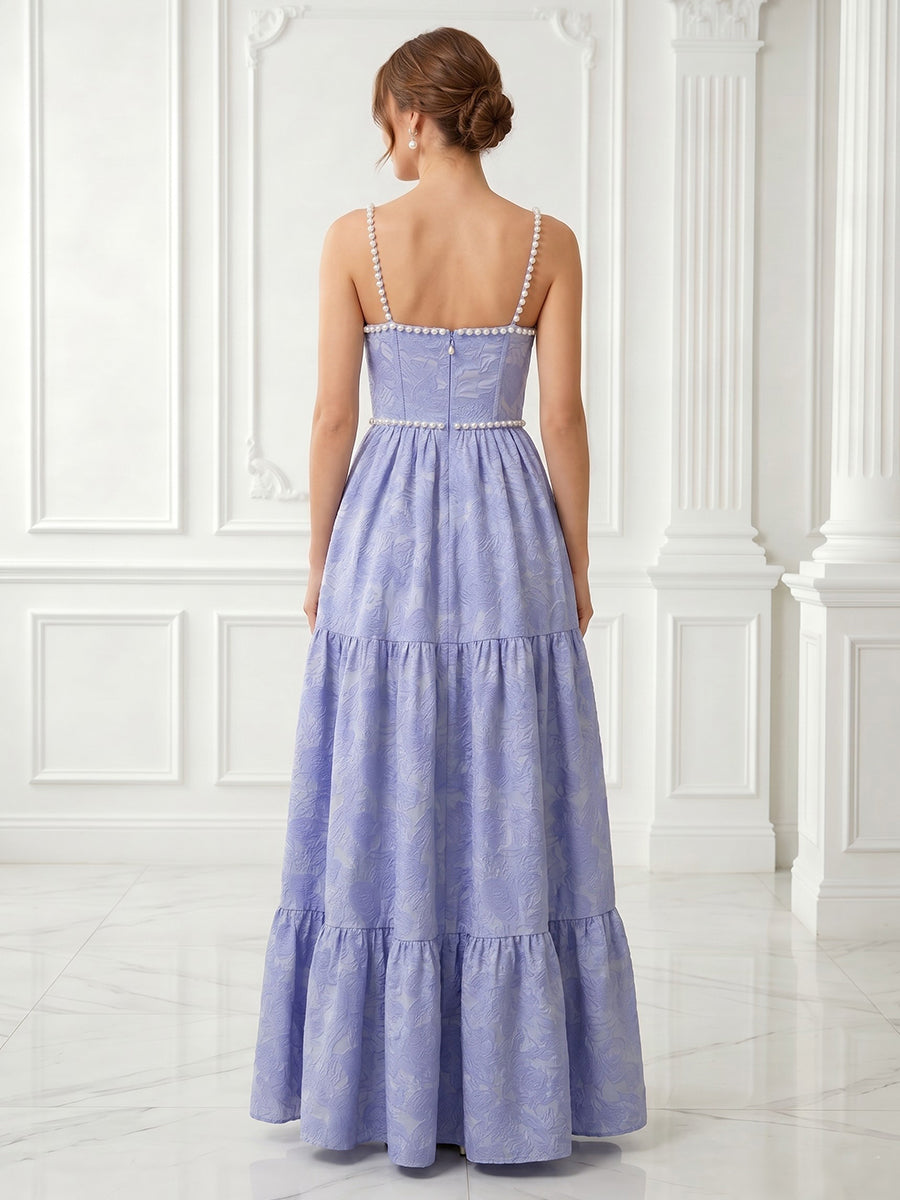 Spaghetti Straps Satin A Line Sleeveless Jacquard Long Evening Dresses with Slit