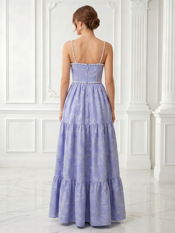 Spaghetti Straps Satin A Line Sleeveless Jacquard Long Evening Dresses with Slit