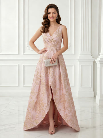 A Line V Neck Sleeveless Satin Jacquard Evening Dresses