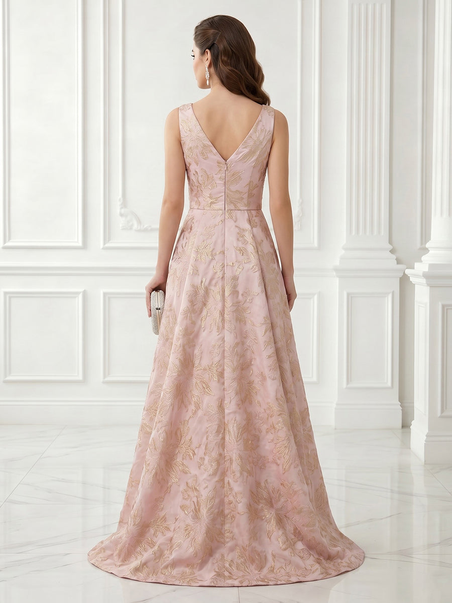 A Line V Neck Sleeveless Satin Jacquard Evening Dresses