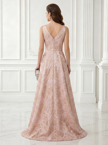 A Line V Neck Sleeveless Satin Jacquard Evening Dresses