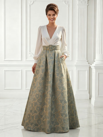 A Line V Neck Long Sleeves Satin Jacquard Evening Dresses