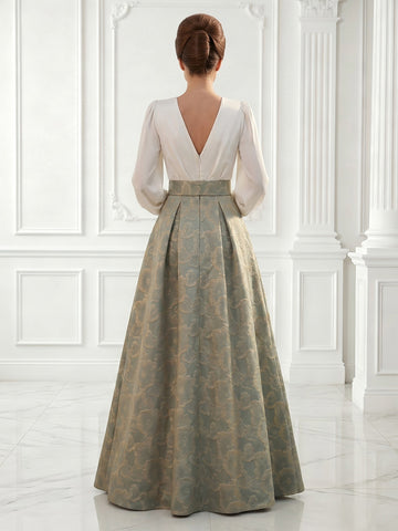 A Line V Neck Long Sleeves Satin Jacquard Evening Dresses