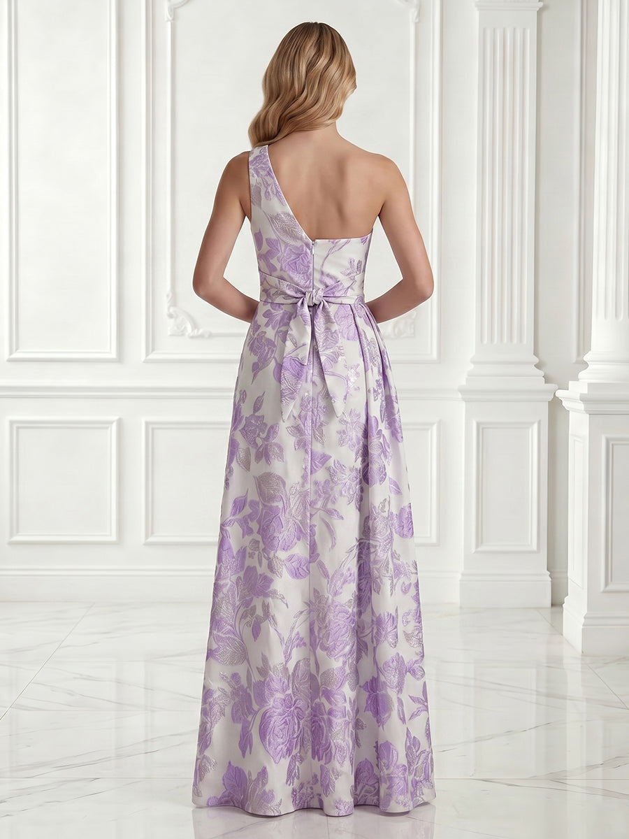 One Shoulder Satin Sheath Sleeveless Jacquard Long Evening Dresses with Slit