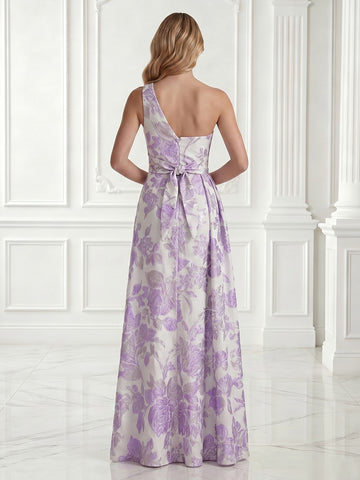 One Shoulder Satin Sheath Sleeveless Jacquard Long Evening Dresses with Slit