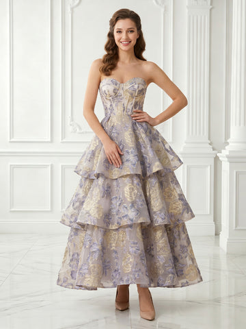 Satin A Line Sweetheart Jacquard Sleeveless Tiered Long Evening Dresses