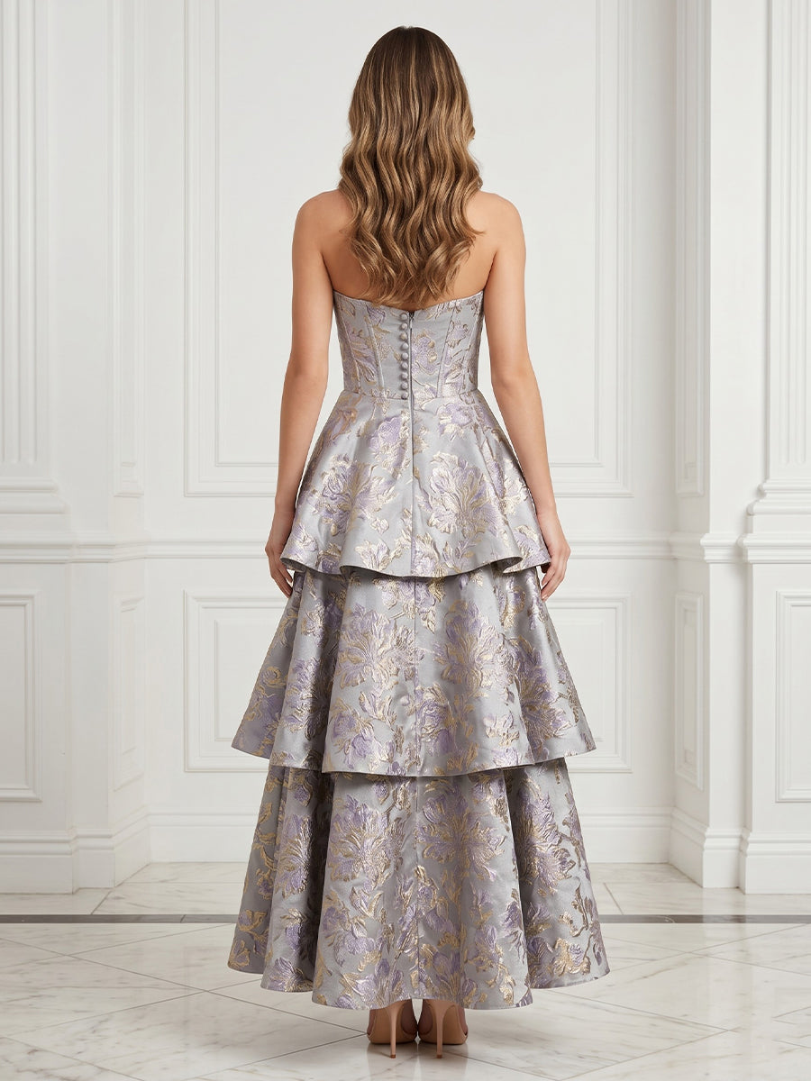 Satin A Line Sweetheart Jacquard Sleeveless Tiered Long Evening Dresses