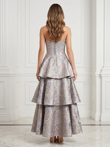 Satin A Line Sweetheart Jacquard Sleeveless Tiered Long Evening Dresses