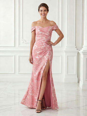 Sheath Jacquard Off the Shoulder Satin Sleeveless Long Evening Dresses with Slit