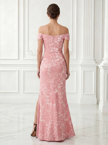 Sheath Jacquard Off the Shoulder Satin Sleeveless Long Evening Dresses with Slit