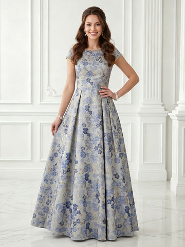 Satin A Line Jewel Jacquard Short Sleeves Long Evening Dresses