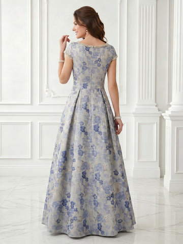 Satin A Line Jewel Jacquard Short Sleeves Long Evening Dresses