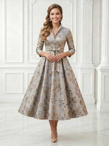 A Line Satin Jacket 3/4 Sleeves Jacquard Long Evening Dresses