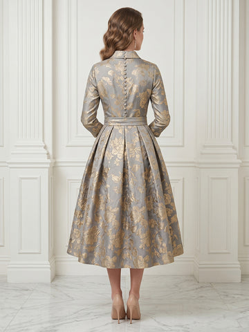 A Line Satin Jacket 3/4 Sleeves Jacquard Long Evening Dresses