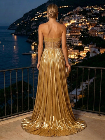Satin A Line Strapless Sleeveless Metallic Corset Long Evening Dresses with Slit