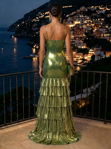 Mermaid Sweetheart Sleeveless Satin Metallic Tiered Long Evening Dresses