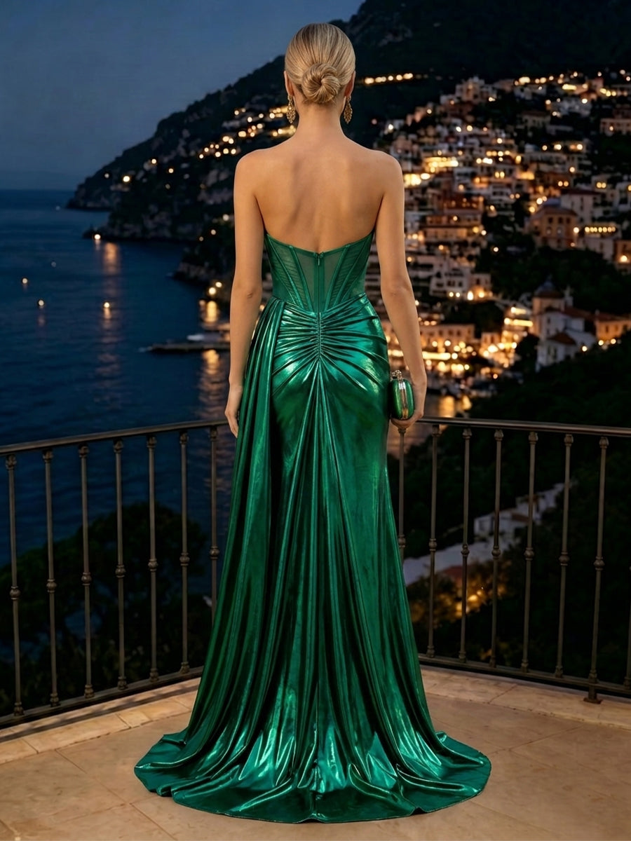 Metallic Satin Strapless Corset Sleeveless Long Evening Dresses with Slit