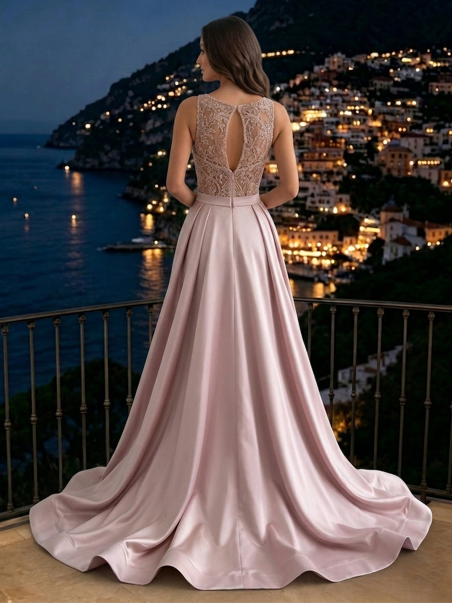Strapless Satin Sheath Sleeveless Long Evening Dresses with Slit