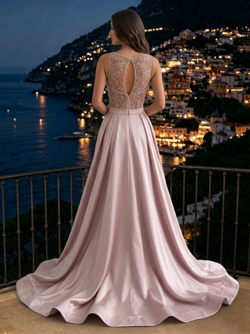 Strapless Satin Sheath Sleeveless Long Evening Dresses with Slit