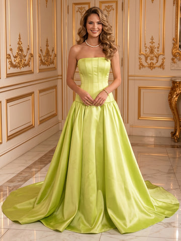Satin A Line Strapless Corset Sleeveless Long Evening Dresses