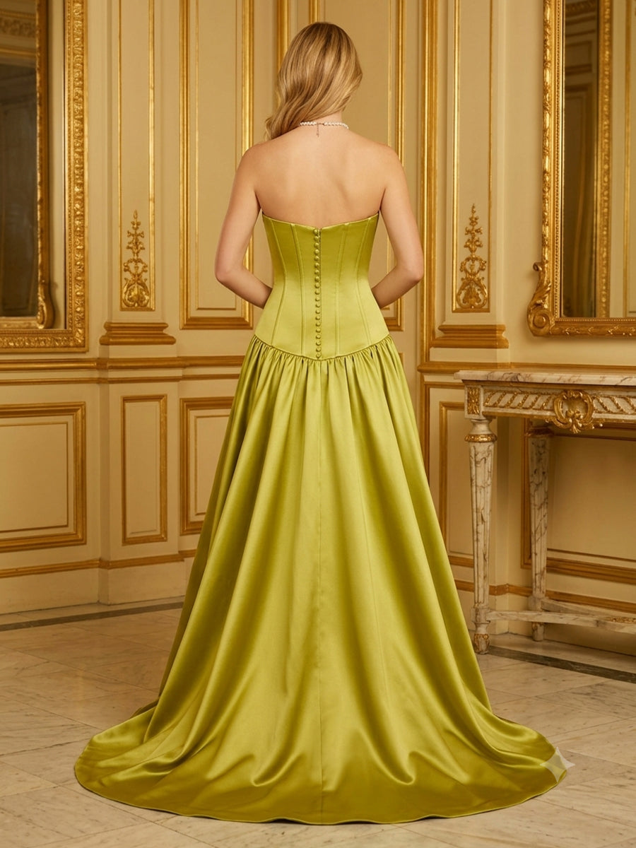 Satin A Line Strapless Corset Sleeveless Long Evening Dresses