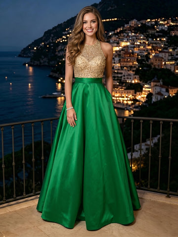 A Line Jewel Sleeveless Satin Long Evening Dresses