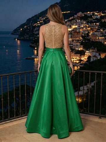A Line Jewel Sleeveless Satin Long Evening Dresses