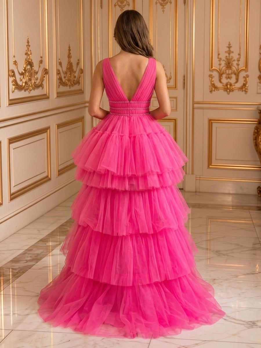 A Line Sweetheart Sleeveless Tulle Tiered Evening Dresses