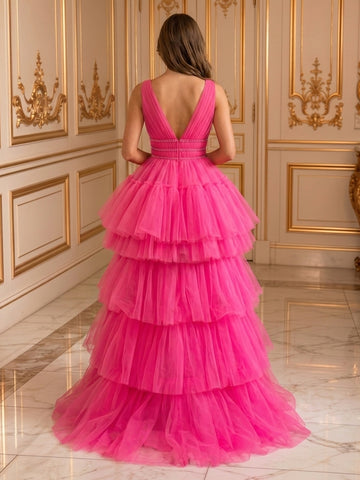 A Line Sweetheart Sleeveless Tulle Tiered Evening Dresses