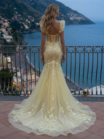 Square Neck Tulle Mermaid Sleeveless Corset Long Evening Dresses