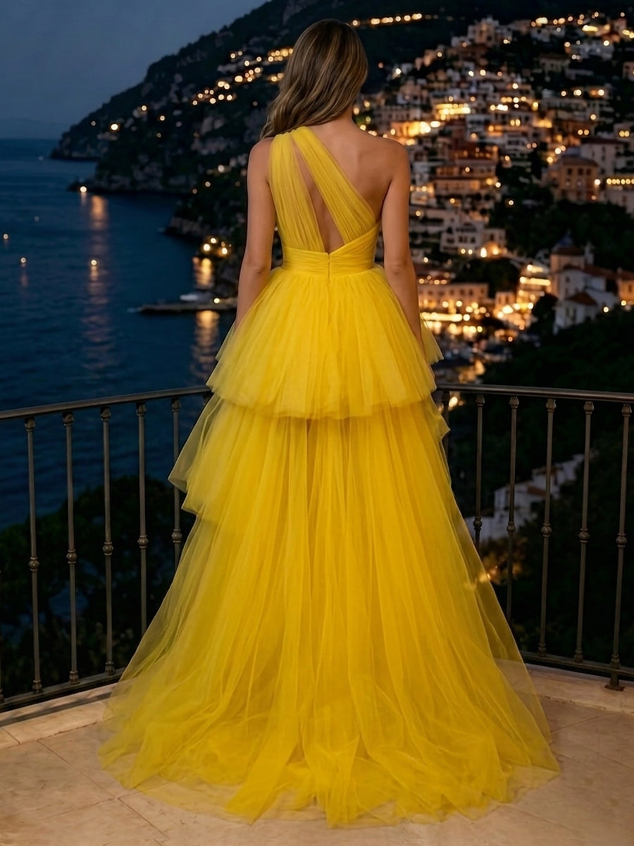 A Line One Shoulder Tulle Sleeveless Tiered Long Evening Dresses