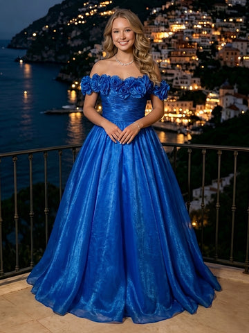 Off the Shoulder Satin A Line Sleeveless Metallic Long Evening Dresses