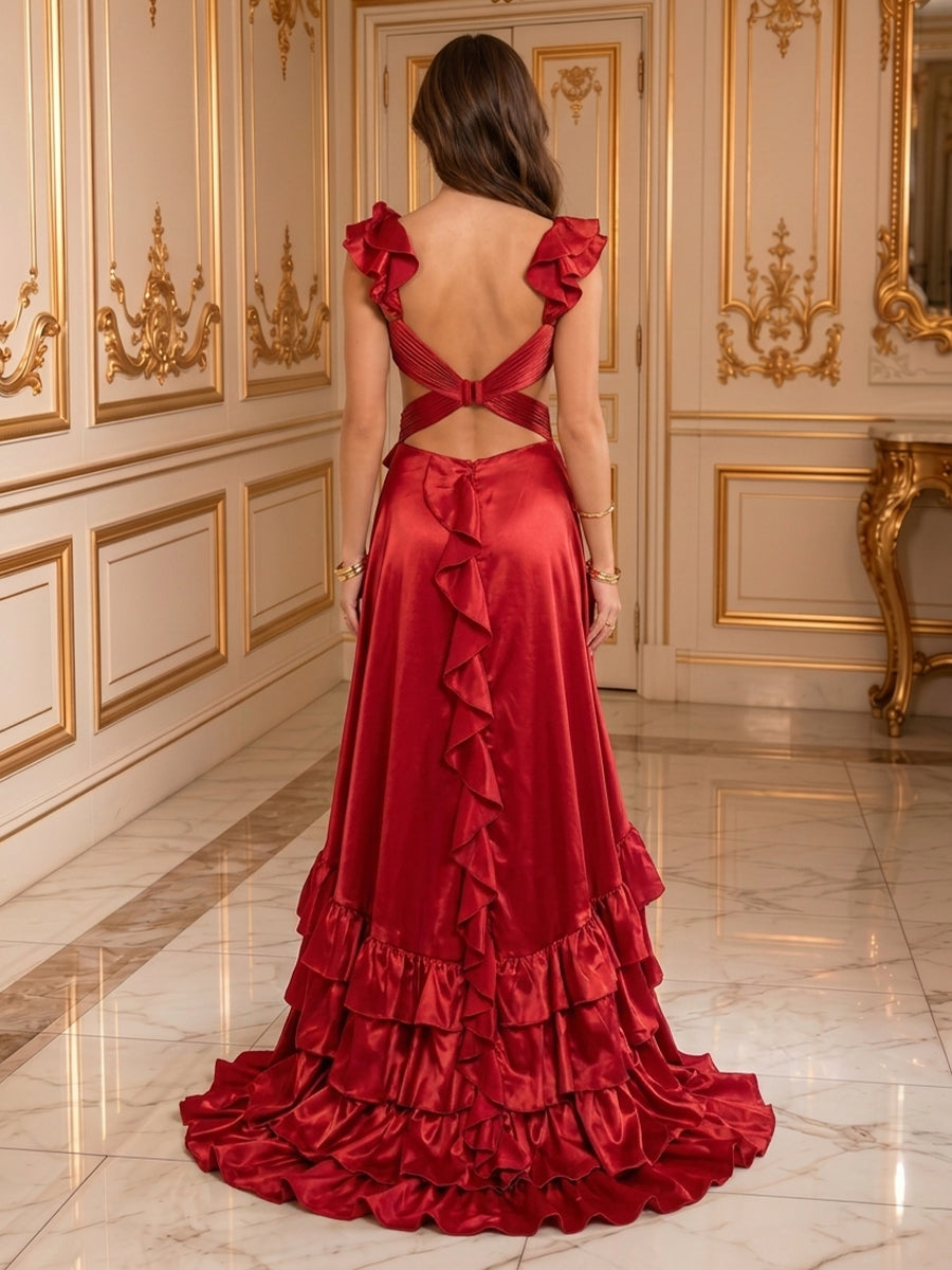 A Line V Neck Sleeveless Satin Long Evening Dresses
