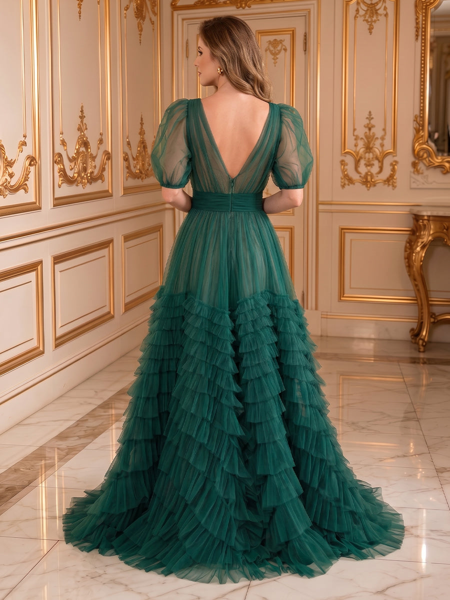 Tulle A Line V Neck Half Sleeves Tiered Long Evening Dresses